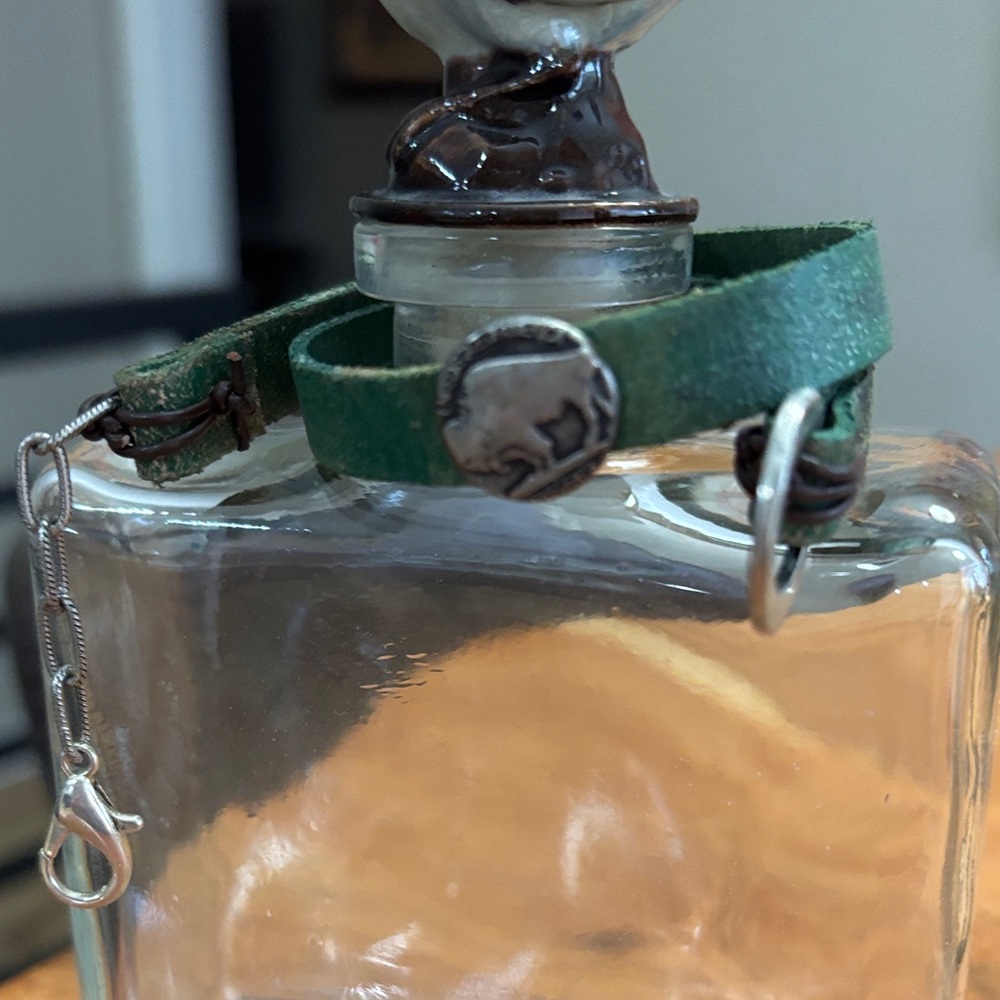 Green Leather Bracelet with Silver small Buffalo design.